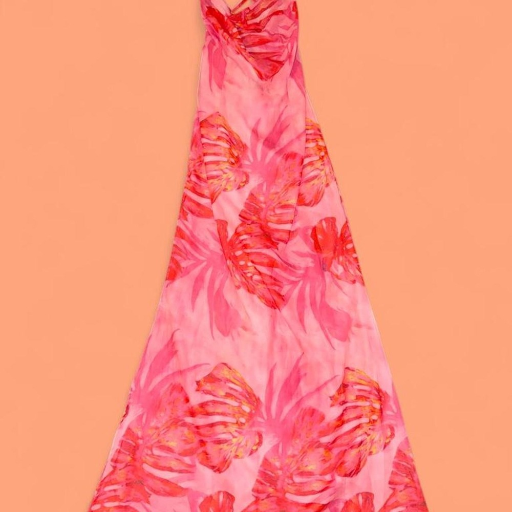 PrettyLittleThing Shape Bright Pink Tropical Print Cowl Neck Maxi Dress NWT